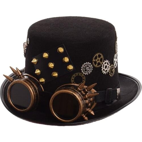 Gothic Spike Goggles Gears Black Steampunk Hat for Women Man