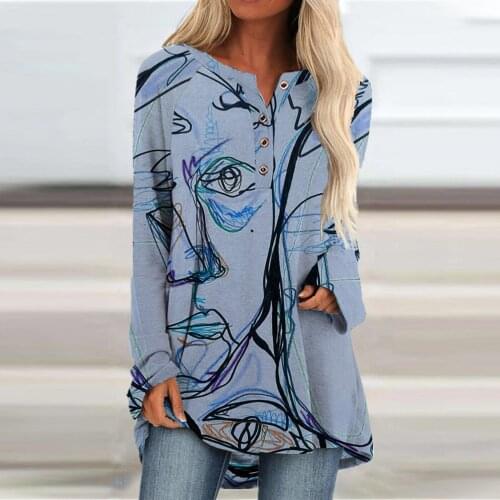 Digital Printing T-Shirt Women Long Sleeve Button Tops Women Loose Pullover Spring and Autumn T Shirt Fashion V-Neck Tops Tee