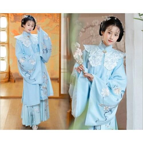 Han nationality daily blue ming song dynasty houre face 3 piece stage performance clothing for lady