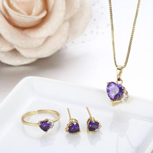 Gold Color Peach Love Heart Purple CZ Pendant Necklace Stud Earrings Ring Small Jewelry Sets For Women Children Girls Kid Bijoux