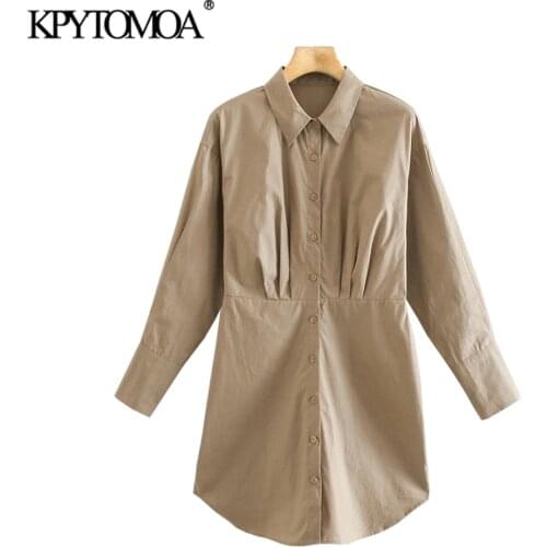KPYTOMOA Women 2021 Fashion Pleats Fitted Mini Shirt Dress Vintage Long Sleeve Button-up Female Dresses Vestidos Mujer