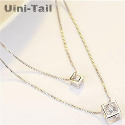 Uini-Tail hot new 925 sterling silver Korean love cube pendant necklace female double fashion tide temperament jewelry ED037