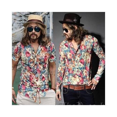 M-4xl !! Plus Size Summer Long Sleeve Shirt Singer Slim Retro Fashion Mens Large Flowers Silk Chiffon Shirt Costumes Clothing