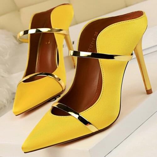 2021 Summer Sexy Women 10cm Extreme High Heels Prom Slippers Yellow Stiletto Heels Mules Pointed Toe Silk Slides Lady Prom Shoes