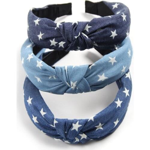 Fashion Women Hair Accessories Denim Hairbands Star Printing Headband Hair Hoop Knotted Hair Bands Bezel Headdress