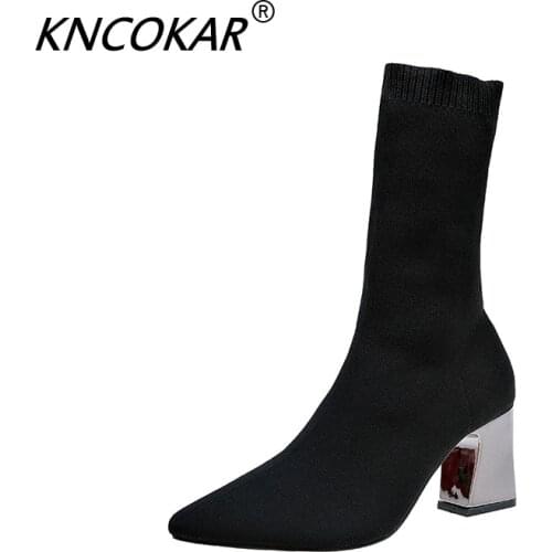 Autumn winter elastic fabric ankle boots womens shoes pointed thick heel Martin stretch boots knitted stockings sizes 34-43