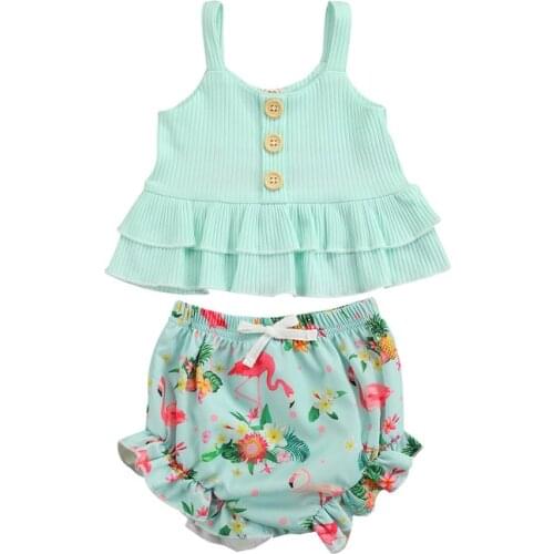 1-5 Years Infant Girls Summer Outfits Sleeveless Solid Color U-Shaped Neck Ruffle Tank Top Flamingo Print Shorts Baby Girl Suits