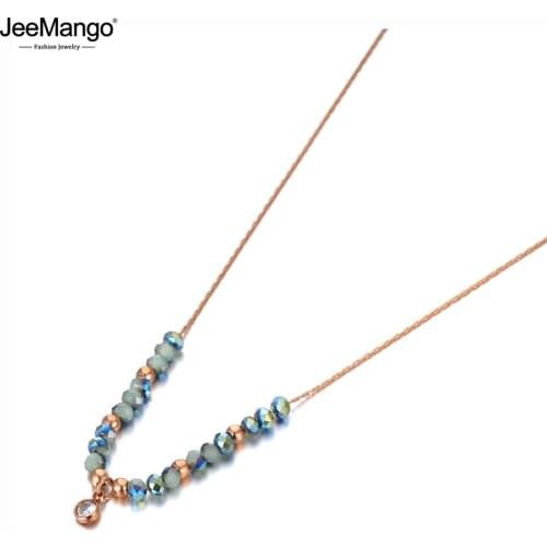 JeeMango Titanium Stainless Steel Colorful Crystal Charm Pendant Necklaces Trendy Rose Gold Choker Necklace For Women JN20112