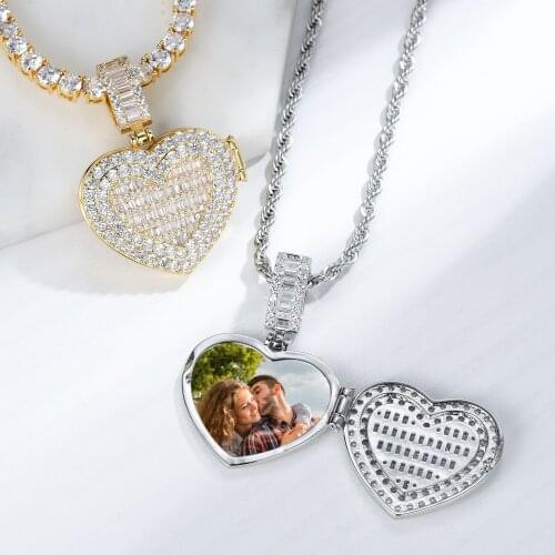 Personalised Photo Necklace Heart Clamshell Charm Hip Hop Bling Iced Out Jewelry Solid Back Tennis Chain For Mothers Day Gift