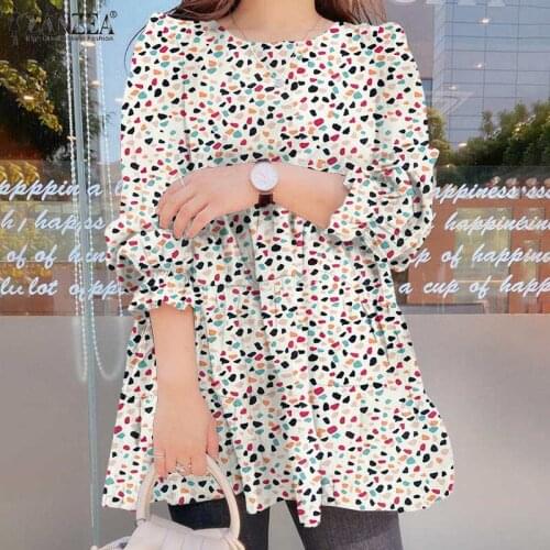 Casual 2021 Autumn Cotton O Neck Top ZANZEA Floral Print Blusa Lady Puff Sleeve Loose Pullover Women Fashion Ruffle Blouses 5XL
