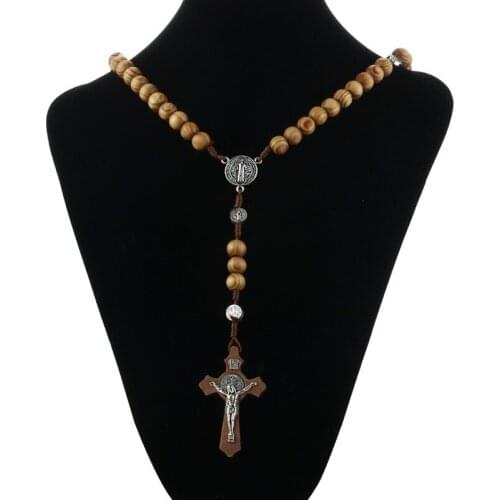 Handmade Round Wooden Beads Rosary Necklaces Cross Pendant for Women Religious Jesus Jewelry Mother Gifts