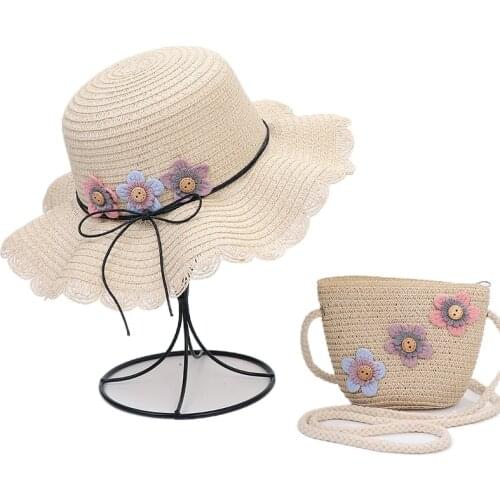 1set Sun Hat with Bag Hat Children Summer New Style Straw Hat Shoulder Bag Flower Tether Wave Brim Beach Hat Bag Wholesale