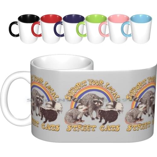 Street Cats Ceramic Mugs Coffee Cups Milk Tea Mug Cat Kitten Possum Skunk Raccoon Retro 80s Animals Pets Cute Cuddly Rainbow