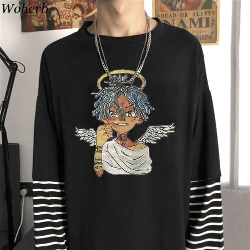 Woherb Harajuku Cartoon Print Fake 2 Piece Patchwork Tee Shirt Spring Autumn Street Long Sleeve T-shirt Women Men Top Loose
