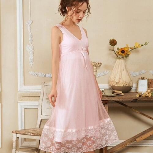 2020 Palace Retro Womens Nightdress Sexy Lace Princess V-neck Nightgowns Modal Sleeveless Solid Sleeping Dress Women Nightwear