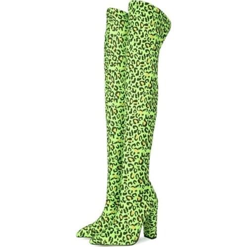 US4-12 Womens Pointy Toe Leopard Over The Knee Thigh Boots Block High Heel Stretchy Shoes 2Colors Sexy Plus Size New 2020