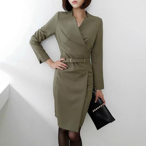 Big Size Autumn Winter Solid Work Office Dress Women Corset Bodycon Green Dress Women Sheath Deep V-neck Midi Fall Dress Ladies
