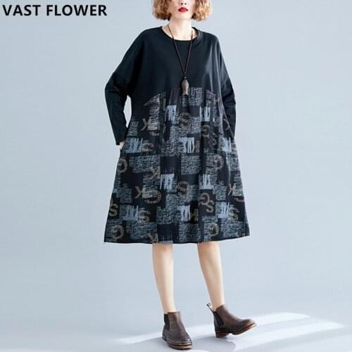 Pattern Print Vintage Women Dress Plus Size Long Sleeve 2021 Spring Patchwork Casual Loose Elegant Clothes Ladies Dresses