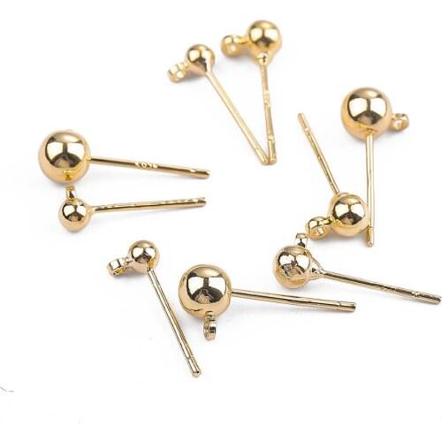 10pcs/lot 18k Gold Plated 3/4/5mm Round Ball Stud Earrings Post With Loop Earring Base Connectors Linker For Jewelry DIY Making