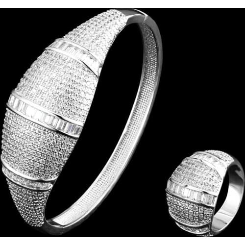 Zlxgirl luxury 2pcs AAA CZ zircon copper wedding bangle and ring bijoux sets women size bangle with ring bridal bracelet sets