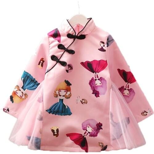2020 Girls Dress Winter Kids Dresses for Girl Chinese Style Elegant Baby Clothes New Year Tutu Cartoon Printed Qipao Vestidos