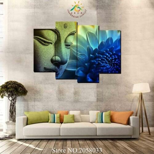 4 Pieces Blue Lotus Buddha Modern Wall Art Canvas Printed Painting HD Prints Modular Poster Wall Pictures for Home Decor