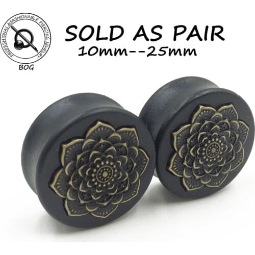 BOG-1 Pair Black Natural Wood Double Flared Ear Tunnel Plug Expanders Earlet Gauges With Mandala Flower Body Piercing Jewelry