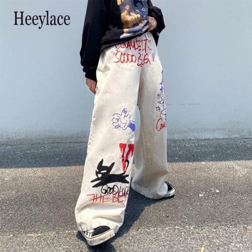 Hippie Streetwear Oversize Anime Print Cargo Pants Women Harajuku Korean Fashion White Wide Leg Trousers For Female Autumn