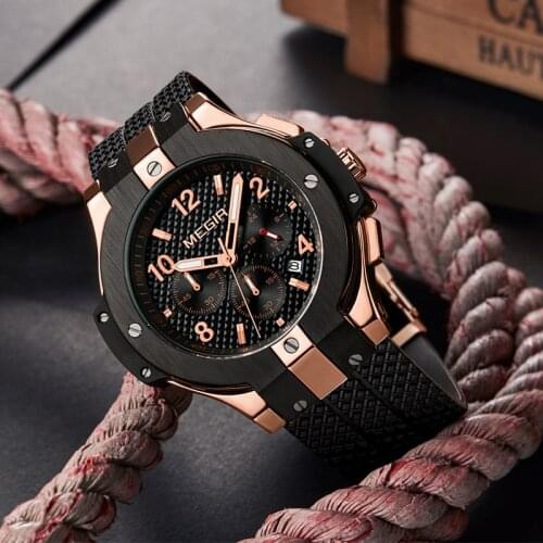 MEGIR 2021 New Mens Watches Quartz Rubber Band 3ATM Top Luxury brand Waterproof Sport Chronograph Rose Gold Wristwatch Clock