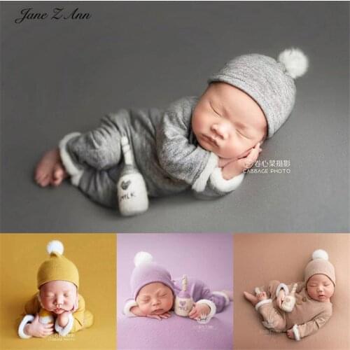 Baby newborn photography jumpsuit+hat + wool felt milk bottle childrens photography props set