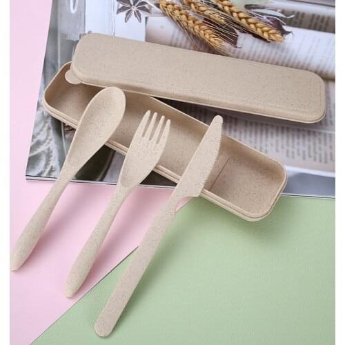 3pcs/set Travel Cutlery Portable Cutlery Box Japan Style Wheat Straw Knife Fork Spoon Student Dinnerware Sets Kitchen Tableware