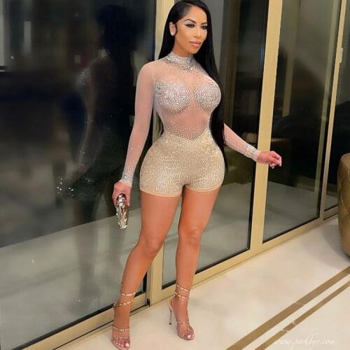 Sparkly Rhinestones Sheer Mesh Rompers Womens Jumpsuit Sexy Party Birthday Club Outfits Long Sleeve Bodycon Playsuits Shorts