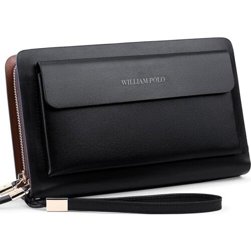 WILLIAMPOLO Men Wallet Genuine Leather Long Double zipper Wallets Business Clutch bag Male Handbag Wallet