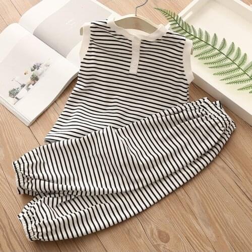 2021 2pcs Summer Baby Girls Children Casual Thin Suit Tops + Pant Girls Striped Clothes Kids Clothes sets 2-8