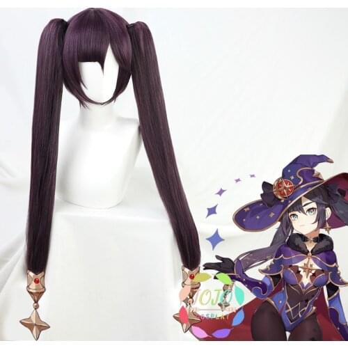 Mona Genshin Impact Purple Long Ponytail Straight Heat Resistant Synthetic Hair Halloween Carnival Party Cosplay + Free Wig Cap