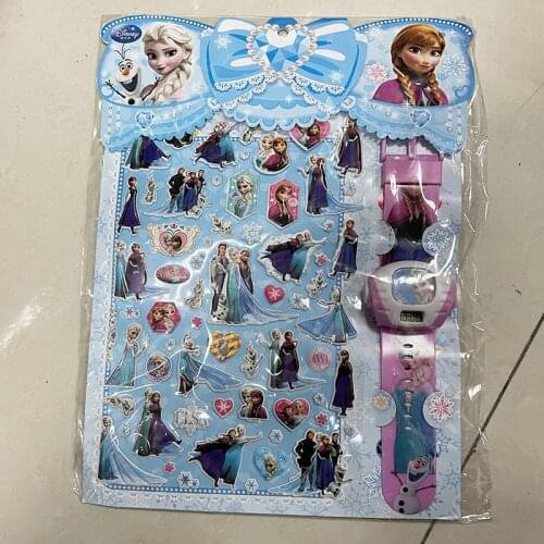 DISNEY frozen elsa and Anna Sticker + kids Watch set snow White princess Classic Toys 3D Sticker