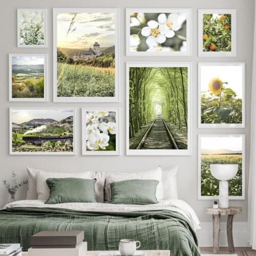 Mountain Forest Sunflower Grass Sky Nature Wall Art Canvas Painting Nordic Posters And Prints Wall Picture For Living Room Decor