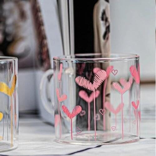 2021 New Glass Simple Girl Heart Gold Heart-Shaped Cup Pattern High Boron Silicon Heat-Resistant Handle Glass Juice Coffee Mug