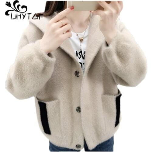 UHYTGF New Imitation Mink Fleece Autumn Winter Sweater Coat Women Fashion Hooded Knitted Cardigan Female Casual Short Jacket1915