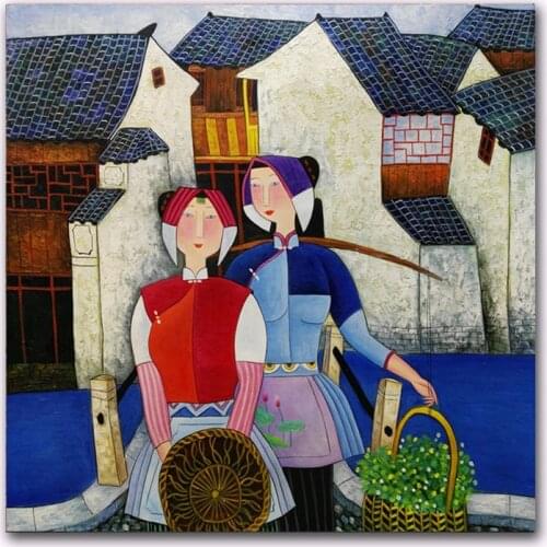 Hand painted Oil Painting on Canvas Hu YongKai Chinese Contemporary Art Woman Wall Art Pictures for Living Room Home Decor #1014