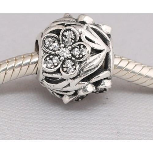 Authentic S925 Bead Openwork Daisies with Crystals Charm fit Lady Bracelet Bangle DIY Jewelry