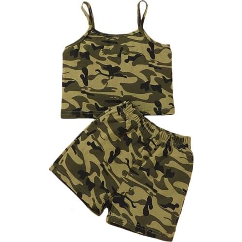 Citgeett Summer KidsBaby Girls Outfit Camouflage Spaghetti Strap Sleeveless Crop Tops + Elastic Waist Shorts Army Green Clothes