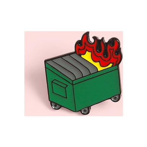 Creative Personality Fire Trash Can Badge Green Pulley Metal Enamel Brooch Cartoon Lapel Backpack Jewelry Accessories Gifts