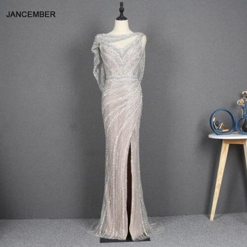 YY257 JANCEMBER High-end Evening Dress Sexy Deep V Silver-gray Dress Catwalk Annual Meeting Dinner Host Slimming Fit Slit Gowns