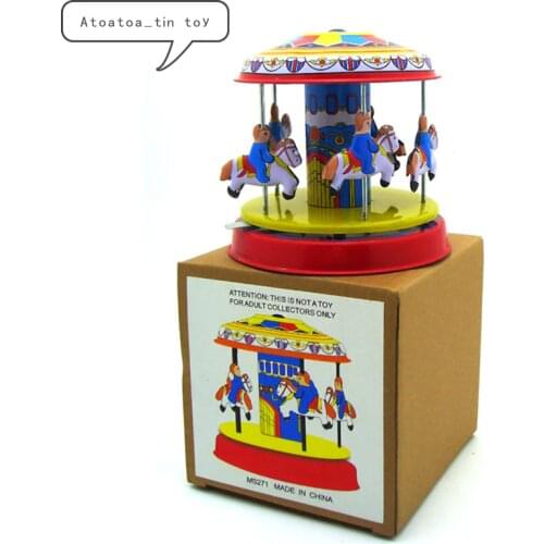 Vintage Retro Merry-go-round Tin toys Classic Clockwork Wind Up Rotating wooden horse Tin Toy For Adult Kids Collectible Gift