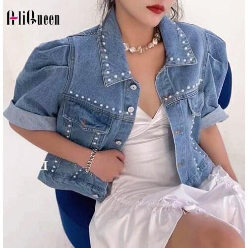 2021 Summer Half Sleeve Pearls Beading Denim Jacket Women Batwing Short Coats Streetwear Outwear Crop Tops Female Jeans Jackets