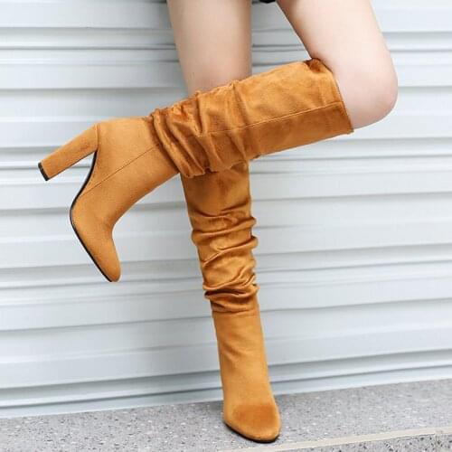 2021 Fall Winter Fashion Pleated Knee High Women Boots Stretch Fabrics Slip on High Heels Pointed Toe Lady Long Boots Size 34-43