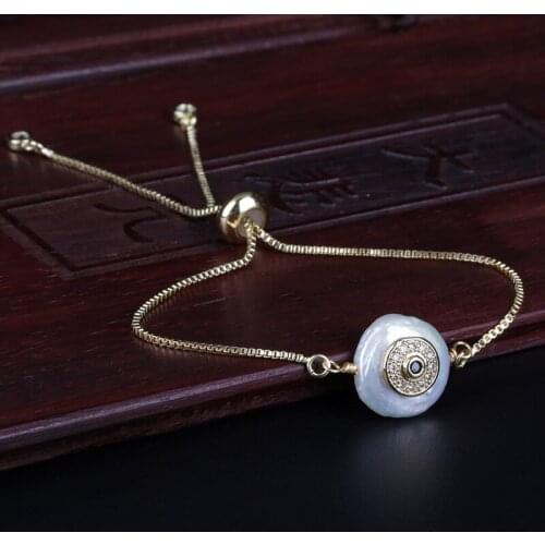 Black white cz pave evil eye protection charm natural flat freshwater pearl bead link bracelet for women wedding birthday gift
