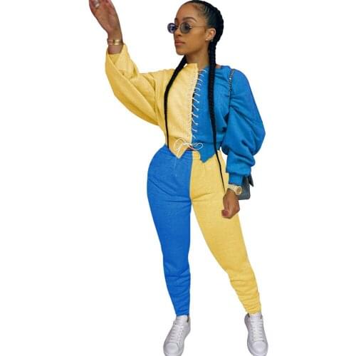Tracksuit Women Patchwork Two Piece Pants Set Women Sweat Suits Streetwear Cross Lace Up Top Sweatpant Matching Sets Outfits