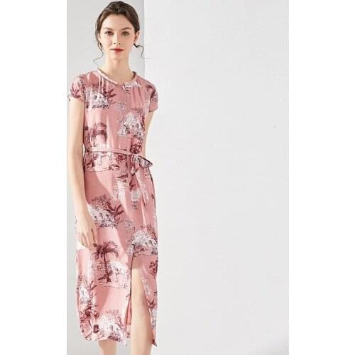 Pink Floral Silk Crepe Dresses Women Fashion Belt 2021 Summer Long Casual Sexy Office Work Daily Dress Plus Size Slim Fit A Line
